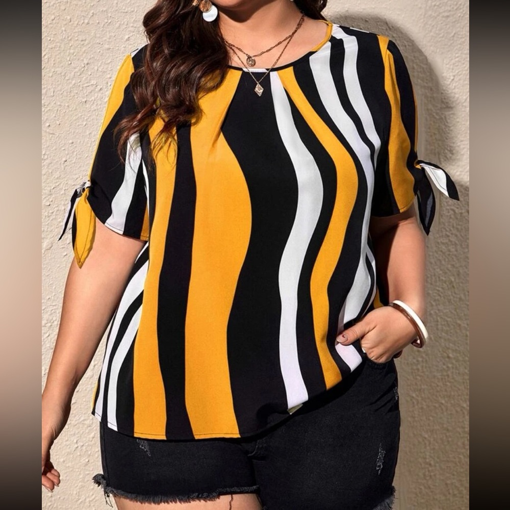 Plus Size Striped Print Knot Cuff Blouse Top Shirt